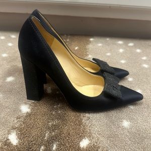 Kate Spade Leena Black Satin Glitter Block Heels with Bow Size 8